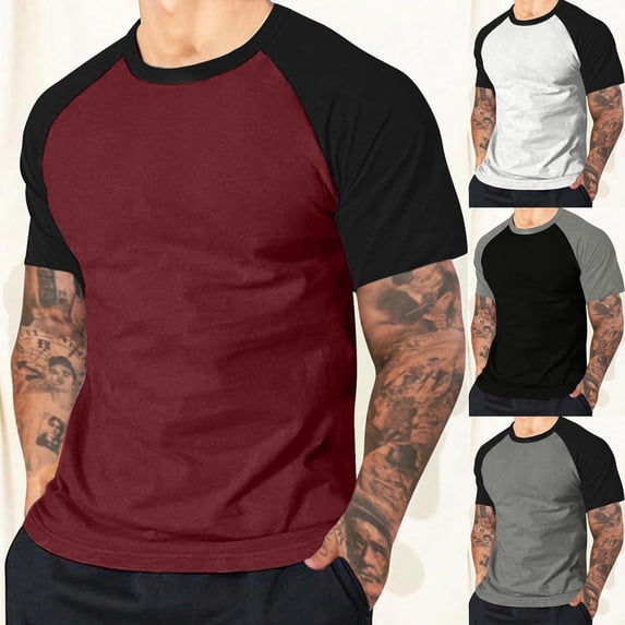 Antinious Oversized Tshirts for Men Splicing Tee Short Sleeve Crewneck Workout Tops,Wine,L