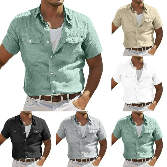 Antinious Men Loose Solid Casual Lapel Short Sleeve Blouses with Button,Black,XXXL