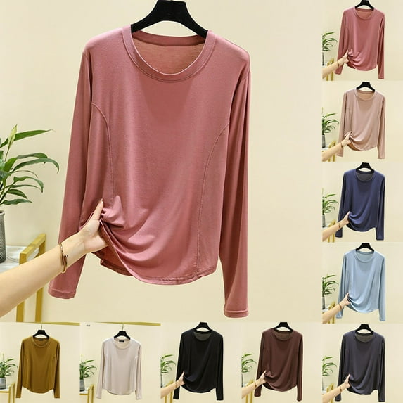 Antinious Pajama Tops for Women Solid Crew Neck Long Sleeve Homewear Sleep Top,Sleep Shirts for Women,Women Tops,Pink,M