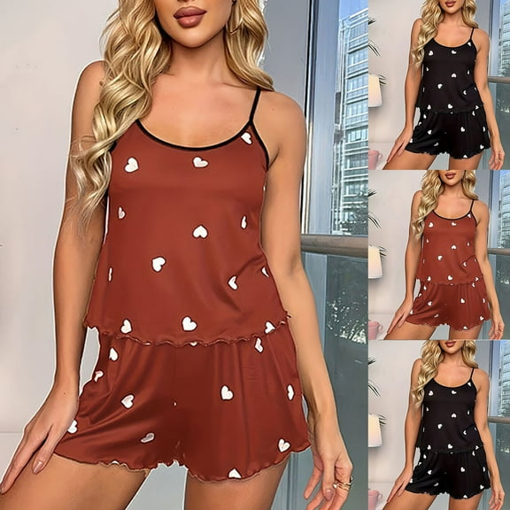 Antinious Pajamas for Women Set Heart Print Sleeveless Cami Top Shorts Outfits,Holiday!Pajamas for Women Set,Ladies Sleepwear Outfits,Wine,M