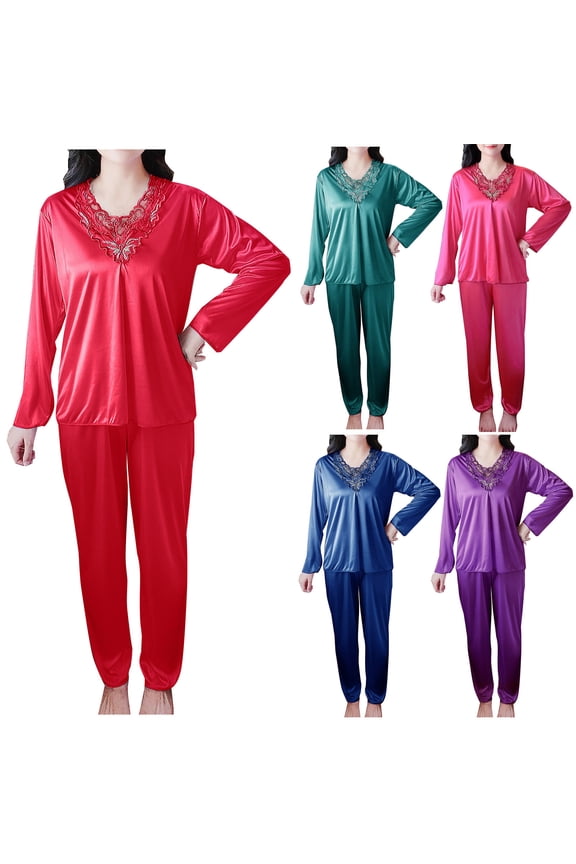 Pajamas for Women Set Plus Size Lightweight Long Sleeve Silk Satin V Neck Sleepwear Set,Pajamas for Women Set,Ladies Sleepwear Outfits,Wine,L
