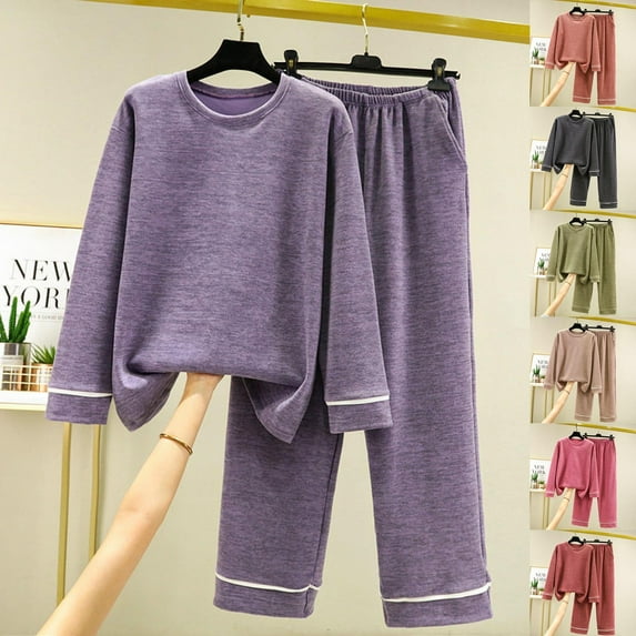 Antinious Pajamas for Women Set Solid Long Sleeve Pants Fleece Outfits,Pajamas for Women Set,Ladies Sleepwear Outfits,Khaki,XXL