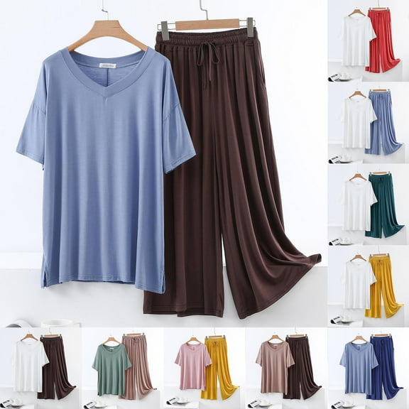 Antinious Pajamas for Women Set Solid V-Neck Short Sleeve Blouse with Drawstring Wide Leg Pants Outfits,Holiday!Pajamas for Women Set,Ladies Sleepwear Outfits,Blue,XL
