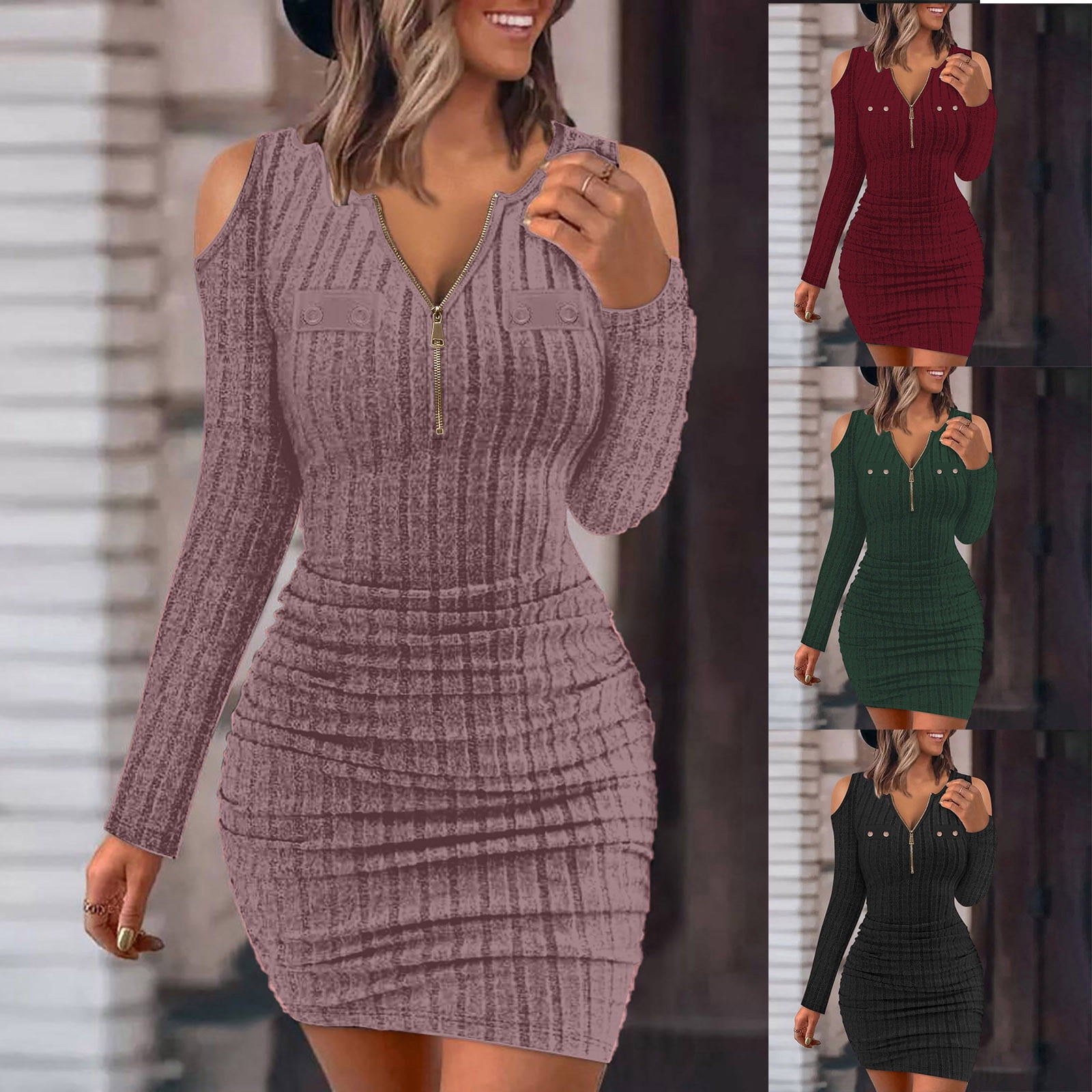 winter dresses zipper bodycon minisummer Women's Vintage Elegant Square Collar Zipper Pocket Fitted Long Bodycon Dress, Suitable For Dates, Shopping, Birthday Parties In Autumn/Winter