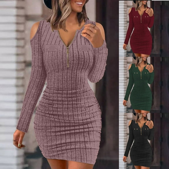 Antinious Party Dresses for Women Long Sleeve Solid Color V Neck Zipper Slim Bodycon Fitted Wedding Guest Dress,Fall Winter Birthday Dresses for Women,Women Party Dress,Army Green,M