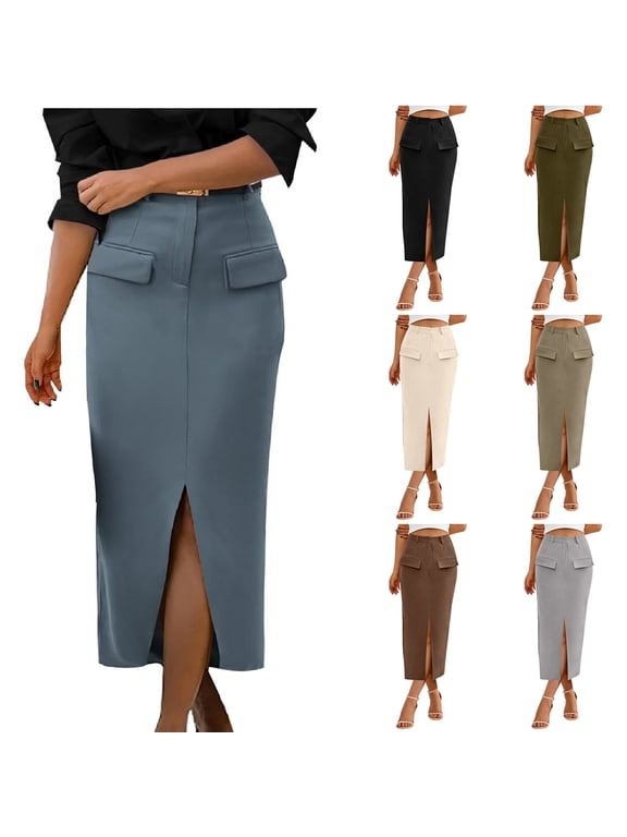 Women Solid Side Pocket Split Slim Stylish Versatile Mid-Calf Skirts