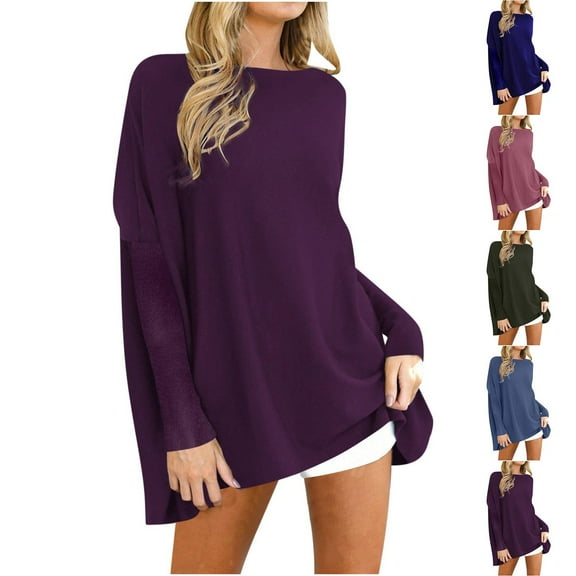 Antinious Plus Size Going Out Tops for Women Long Sleeve Crew Neck Solid Knit Sweater, Sweatshirt for Women,Tops for Women Trendy,Pink,M