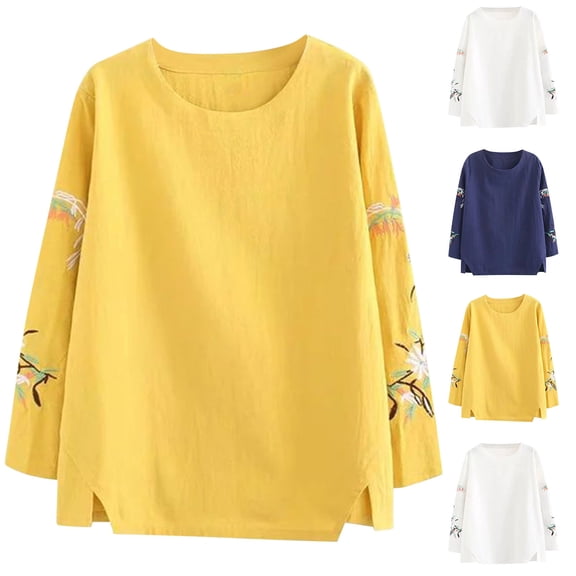Antinious Plus Size Long Sleeve Shirts for Women Solid Crewneck Embroidered Linen Blouse,Winter Sweatshirt for Women,Going Out Tops for Women,Yellow,XL