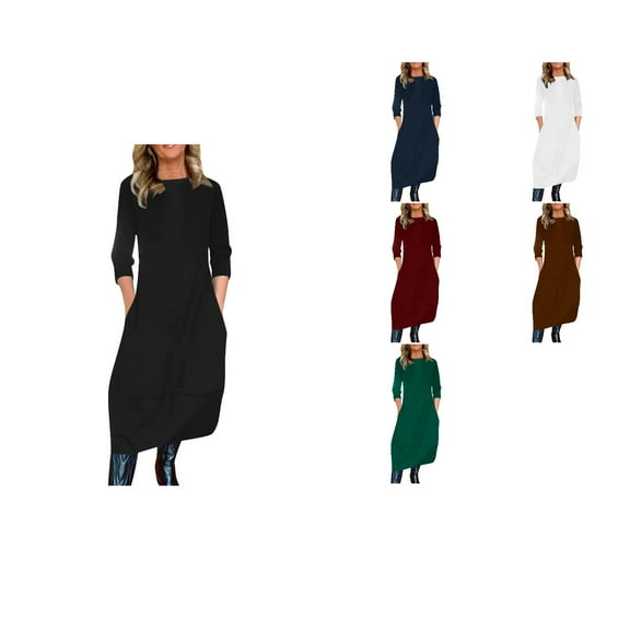 Antinious Plus Size Maxi Dresses for Curvy Women Elegant Long Dresses Long Sleeve Solid Loose Crew Neck Casual Dress,Birthday Dresses for Women,Women Party Dress,Wine,M