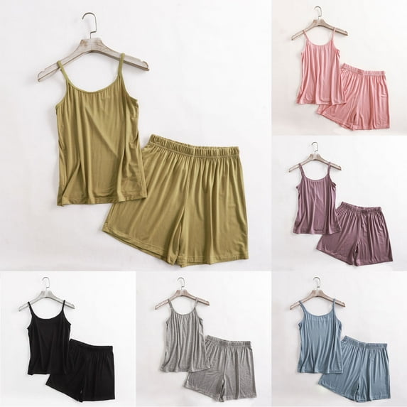 Antinious Plus Size Pajamas for Women Set Solid Sleeveless Cami Top Pants Pajamas,Holiday!Pajamas for Women Set,Ladies Sleepwear Outfits,Yellow,L