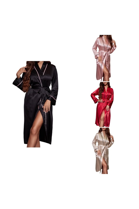 Solid Long Sleeve Open Front Silk Like Robe with Belt Sleepwear Robe,Winter Robes for Women,Women Pajamas Bathrobes,Black,XL