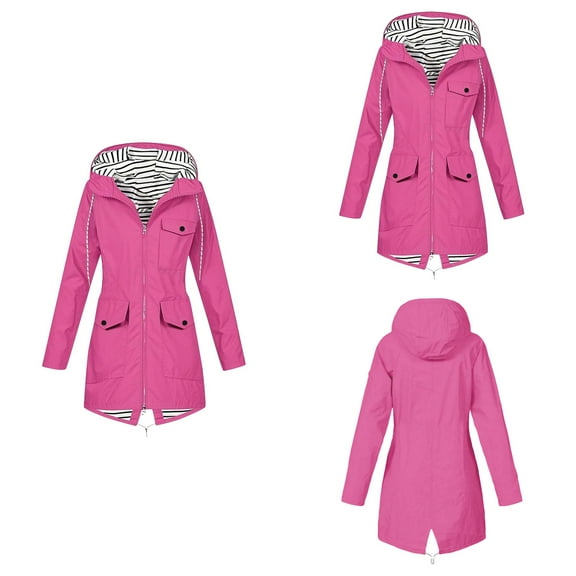 Antinious Sport Coats for Women Hooded Waterproof Zipper Jacket with Pocket Long Sleeve Windproof Coat,Winter Trench Coat for Women,Womens Jackets Trendy,Hot Pink,XL