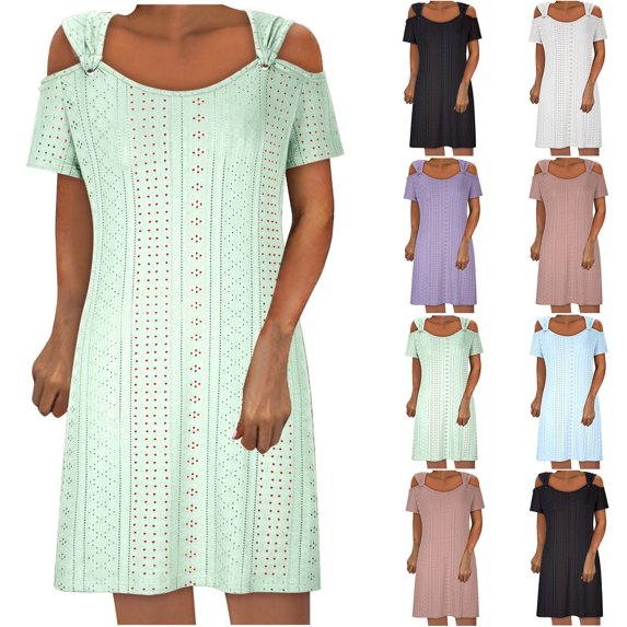 Antinious Summer Beach Dresses for Women,Casual Dresses for Women Loose Solid Round Neck Lock Dress,Light Blue,L