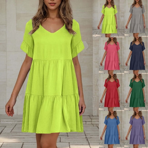 Antinious Summer Beach Dresses for Women,Casual Dresses for Women Solid V-Neck Pullover Short Sleeve Short Skirt Dress,Green,XL