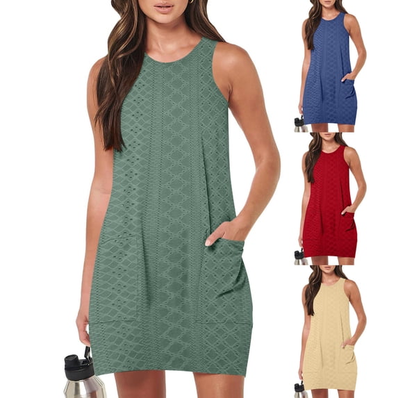 Antinious Women Round Neck Solid Lightweight Casual Sleeveless Elegant Dress
