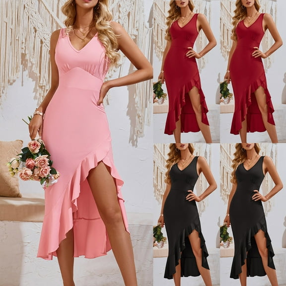 Antinious Summer Beach Dresses for Women,Fashion Ladies Casual V-Neck Ruffled Sleeveless Solid Dress,Red,XL