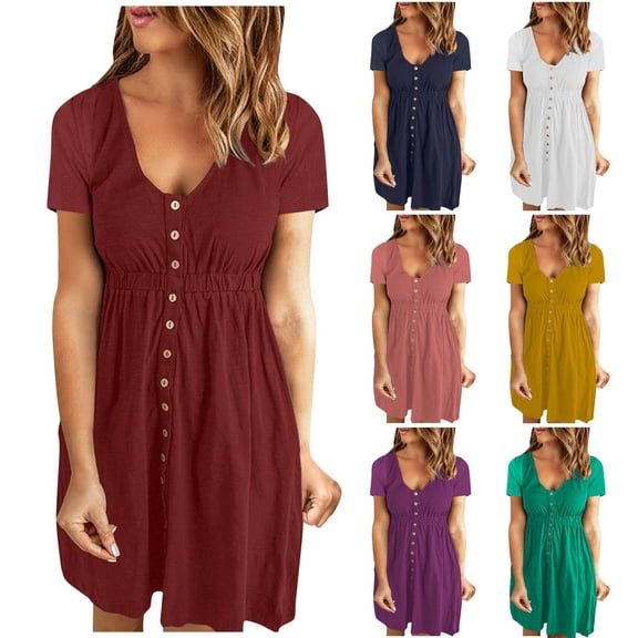 Antinious Summer Beach Dresses for Women,Holiday Dresses for Women Casual Comfortable Solid Short Sleeve Round Neck Button Knee Length Dress,Wine,XXL