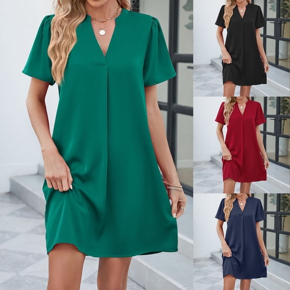 Antinious Summer Beach Dresses for Women,Holiday Dresses for Women Casual Short Sleeve V-Neck Mid-Calf Dress,Red,M