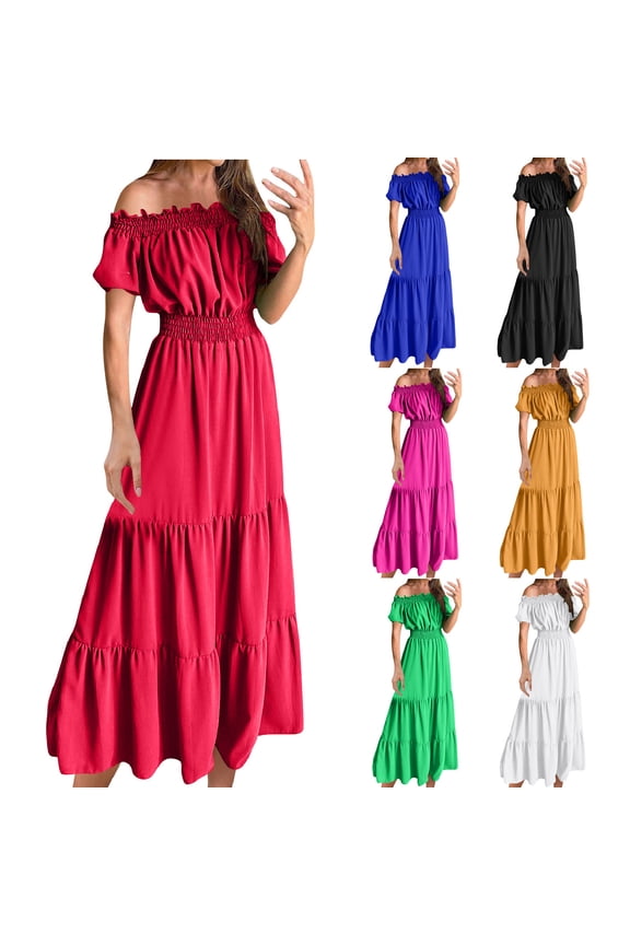 Summer Beach Dresses for Women,Ladies Elegant Summer One-shoulder Solid Short Sleeve Elastic Waist Party Dresses for Women Dress,Hot Pink,M