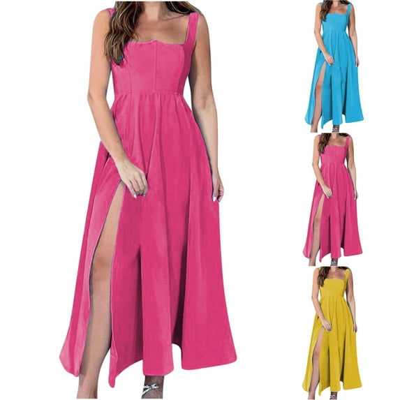 Antinious Summer Beach Dresses for Women,Long Dresses for Women Solid Casual Short Sleeve V-Neck Knee-High Strap Dress,Yellow,XL