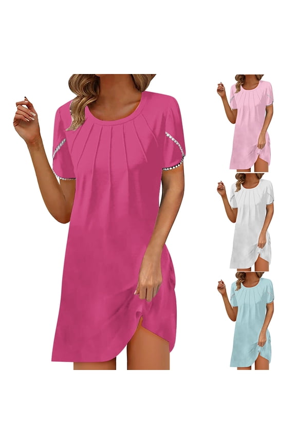 Summer Beach Dresses for Women, Party Dresses for Women Casual Round Neck Solid Loose Chest Pleated Short Sleeved Dress,Hot Pink,S