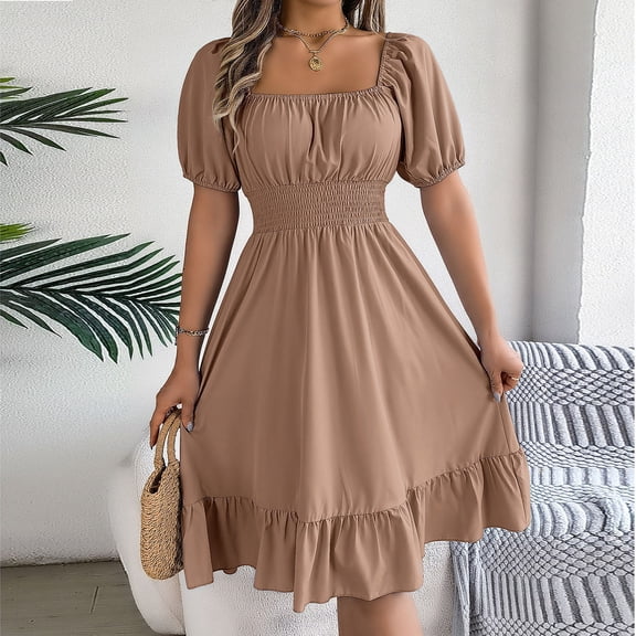 Antinious Summer Beach Dresses for Women,Party Dresses for Women Casual Short Sleeved Waist Cinched Solid Dress,Khaki,L