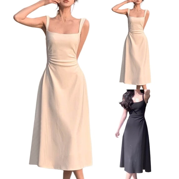 Antinious Women Sleeveless Solid A-Line High Waist Elegant Casual Long Dress