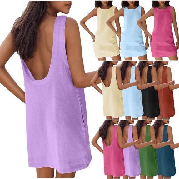 Antinious Women Solid Sleeveless Round Neck Pocket Casual Comfortable Loose Midi Dress