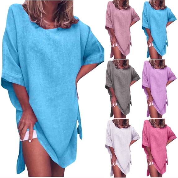 Antinious Women Solid 3/4 Sleeve Round Neck Soft Side Split Versatile Stylish Midi Dress