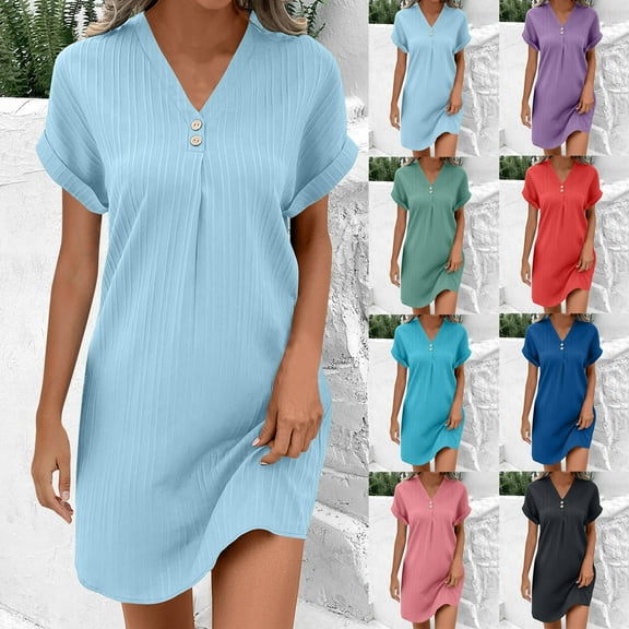 Antinious Summer Beach Dresses for Women,Women Casual Solid-neck Short Sleeve Dress Pocket Split Hem Strap Dress,Purple,L