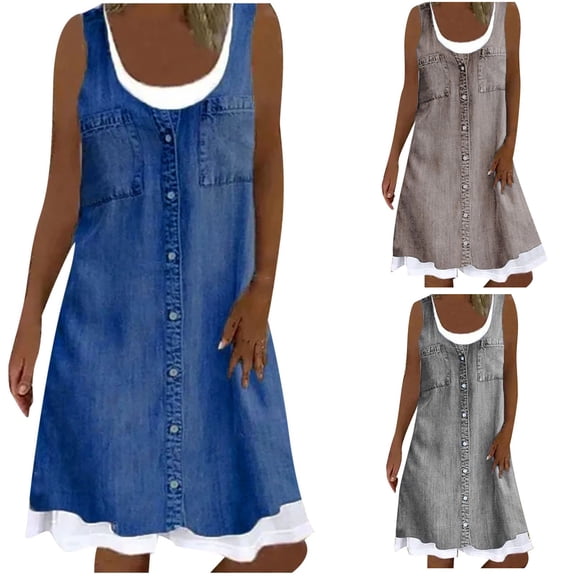 Antinious Summer Beach Dresses for Women,Women Fashion Casual Floral Printing Loose Fake-Piece Dress,Blue,XXXL