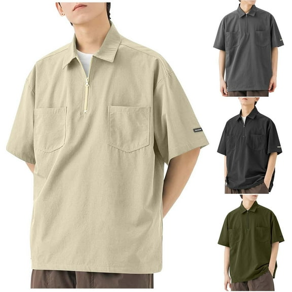Antinious Summer Beach Shirt Men,Oversized Tshirts for Man,Men Solid Fashionable Loose Casual Pocket Zipper Short Sleeve Turndown Collar Blouse Shirt,Khaki,M