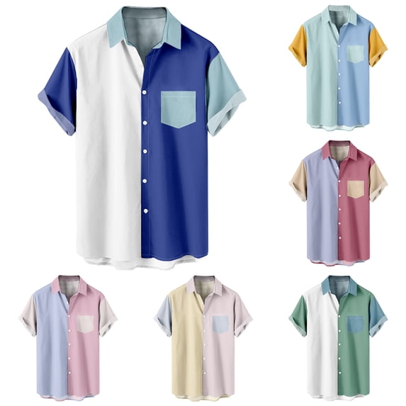 Antinious Mens Short Sleeve Collar Print Pockets Oversized Beach Tshirts,Sky Blue,XXL