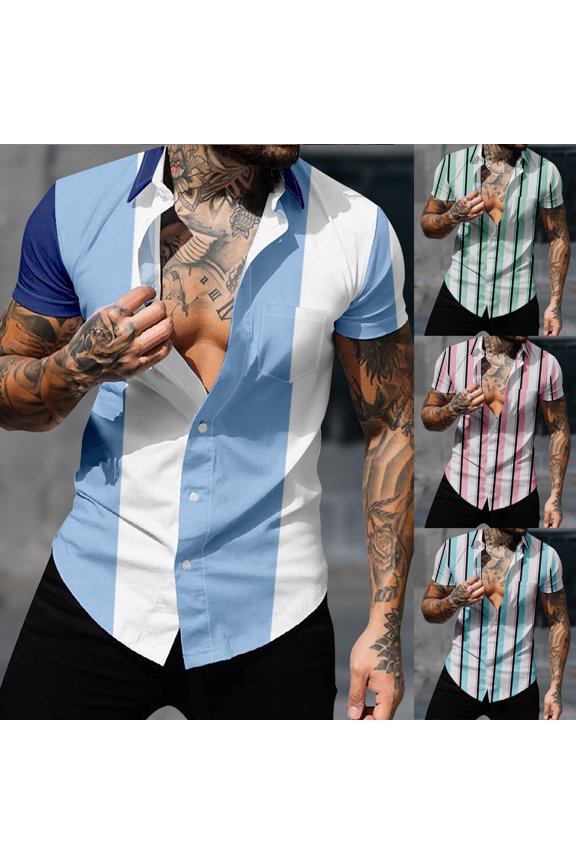 Summer Beach Shirt Men,Oversized Tshirts for Man,Mens Short Sleeve Shirts Button up Casual Patchwork Collar Stripe Print Pockets Tops,Blue,XXXXL