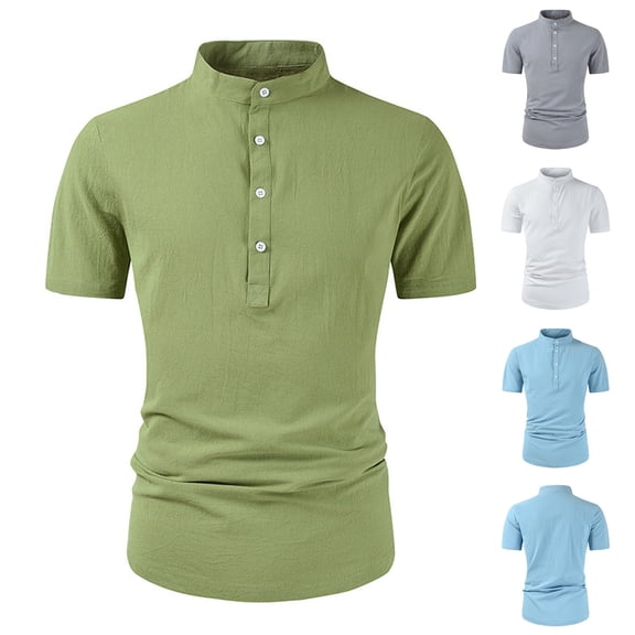 Antinious Summer Beach Shirt Men,Oversized Tshirts for Man,Mens Short Sleeve Shirts Button up Linen Shirt Solid Neck Fashion Casual Blouses,Light Blue,XL