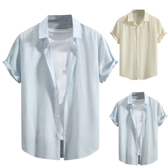 Antinious Summer Beach Shirt Men,Oversized Tshirts for Man,Business Casual Men Shirts Solid Short Sleeve Turndown Collar Blouse,Blue,XXL