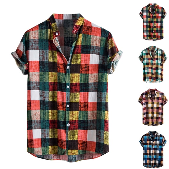 Antinious Casual Fashion Men Shirts Plaid Shirt Loose Youth Short Sleeve Collar Top,Green,M