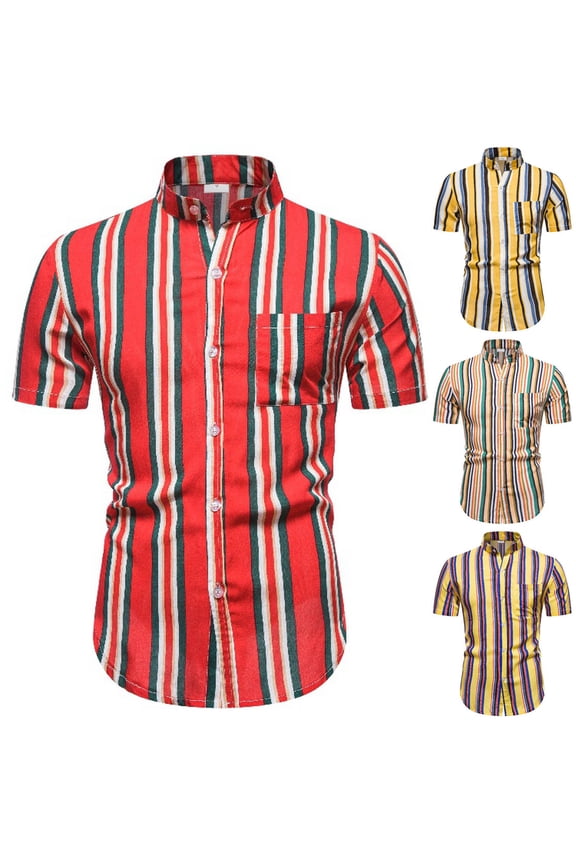 Summer Beach Shirt Men,Oversized Tshirts for Man,Man Casual Fashion Striped Casual Shirt Short Sleeve V-Neck Blouses,Red,L