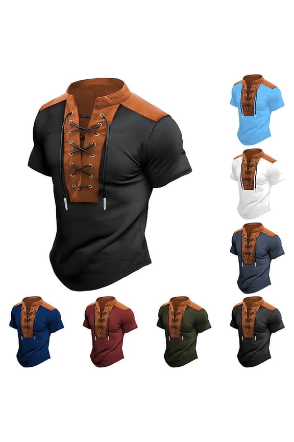 Summer Beach Shirt Men,Oversized Tshirts for Man,Man Loose Casual Color Match Stand Collar Drawstring Short Sleeve Shirt,Red,M