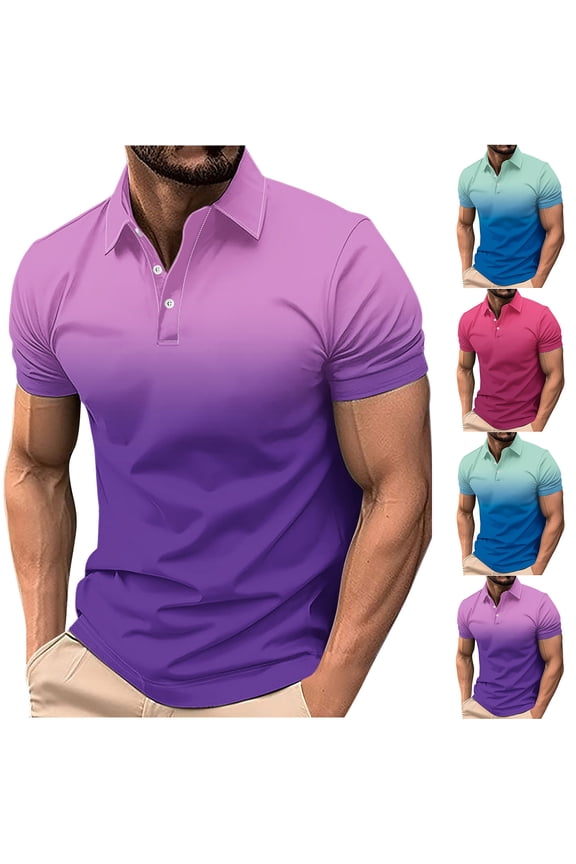 Summer Beach Shirt Men,Oversized Tshirts for Man,Mens Short Sleeve Shirts Button up Casual Gradient Lapel Up Top,Blue,XXXL