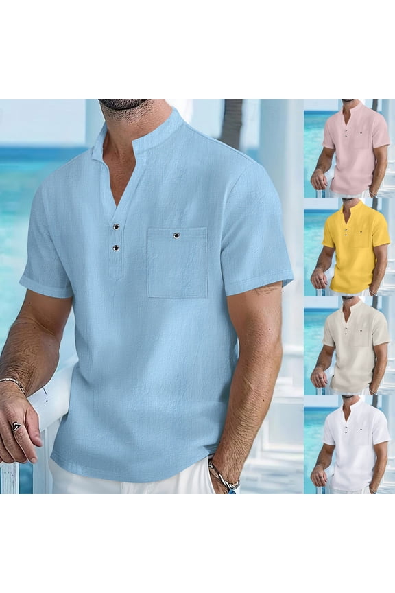 Summer Beach Shirt Men,Oversized Tshirts for Man,Mens Short Sleeve Shirts Button up Fashion Pocket Flax Collar Blouse,Beige,XL