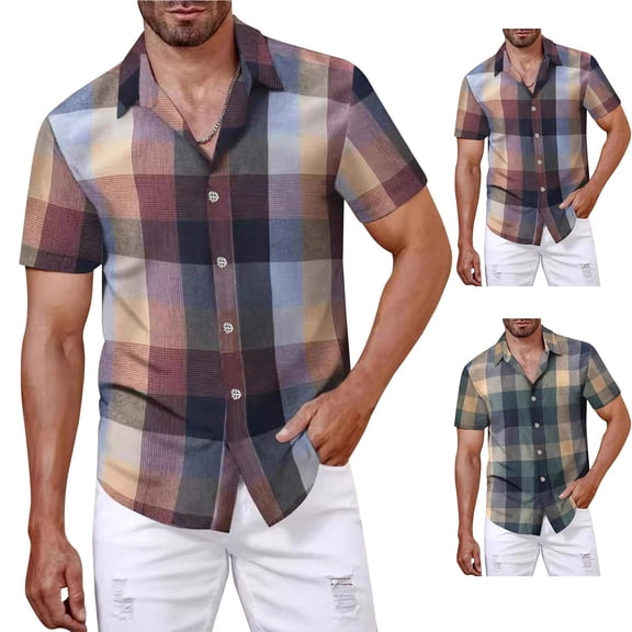 Antinious Plaid Shirt Men Short Sleeved Casual Short Sleeved Lapel Tops,Red,L