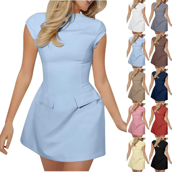 Antinious Women Sleeveless Round Neck Solid High Waist Slim Dress