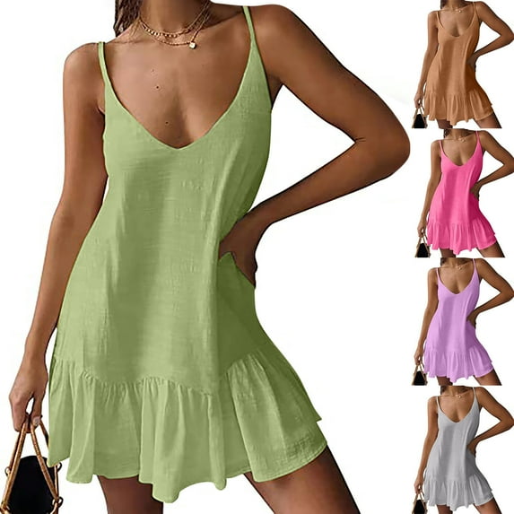 Antinious Women Casual Solid Camis Sleeveless V-Neck Suspender Backless Beach Mini Dresses