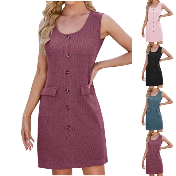 Antinious Women Plus Size Fashion Casual Solid Loose Pocket Sleeveless Round Neck Soft Dress