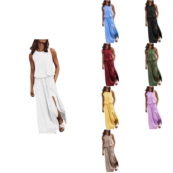 Antinious Summer Dresses for Women,Womens Dresses for Party,Plus Size Dresses for Curvy Women Casual Sleeveless Round Neck Solid Fork Opening Beach Dress,Black,XXXL