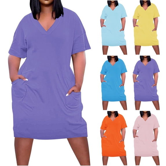 Antinious Women Plus Size Solid Loose Casual Short Sleeve V-Neck Knee High Versatile Stylish Dress