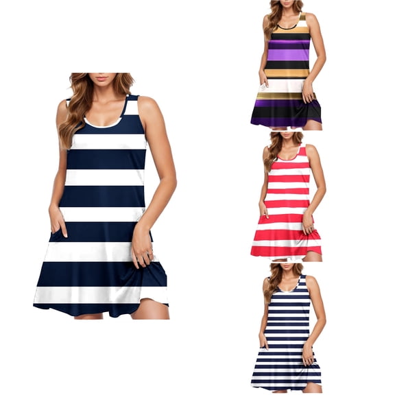 Antinious Summer Dresses for Women,Beach Dresses for Women Casual Sleeveless Round Neck Striped Dresses,Blue,XL