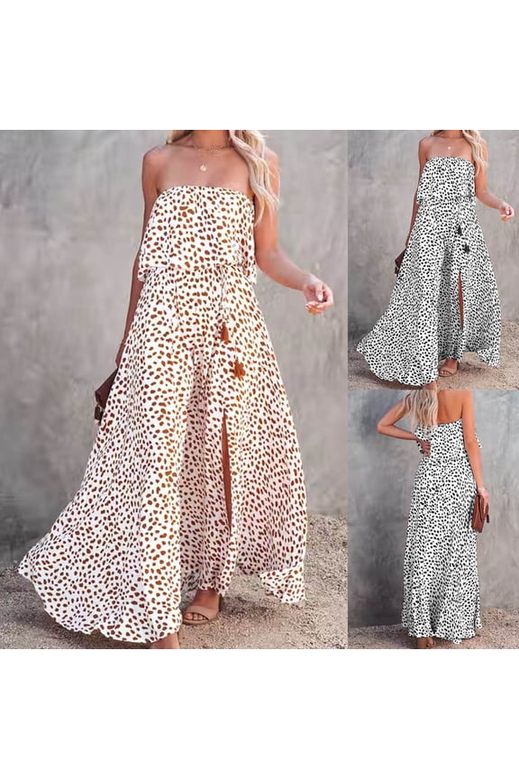 Elegant Dresses for Women Leopard Print One-line Shoulder Ruffle Split Dress,Khaki,S