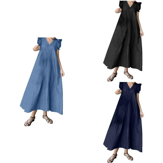 Antinious Summer Dresses for Women,Beach Dresses for Women,Maxi Jean Dress for Women Solid Loose Short Sleeve V-Neck Ankle Denim Dress,Dark Blue,XL